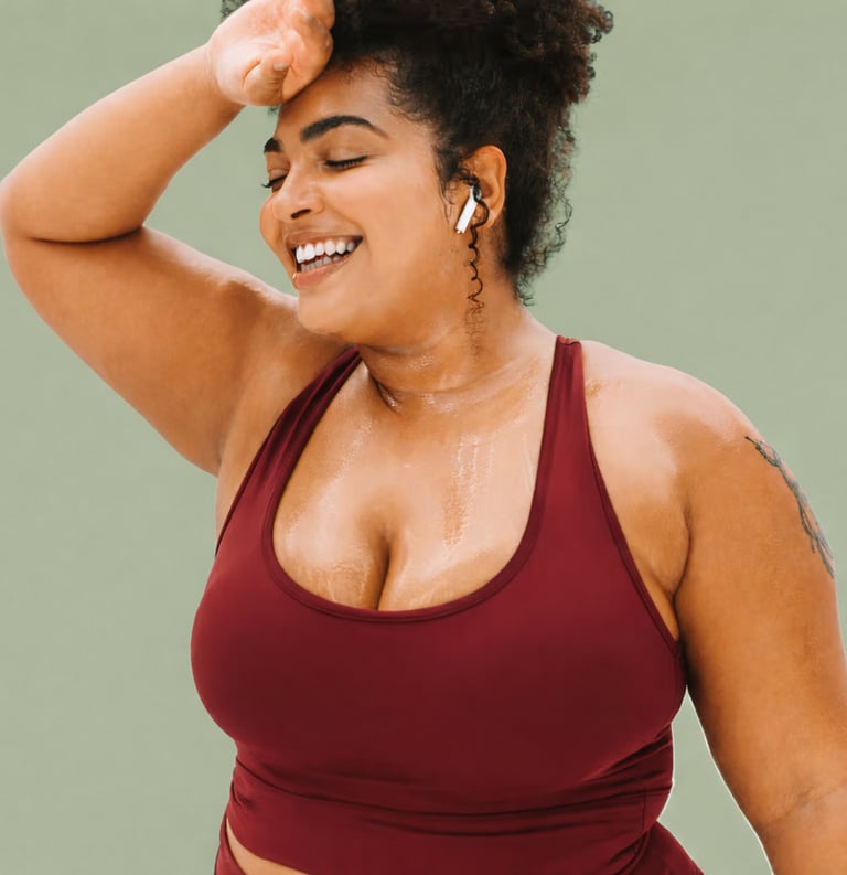 A smiling, sweaty plus size brown woman with curly hair in a red sports bra resting after a workout.