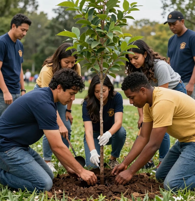 A diverse North American community group planting a tree together in a public park, focusing on collaboration and shared responsibility, professional photography, Navy and Gold colors.