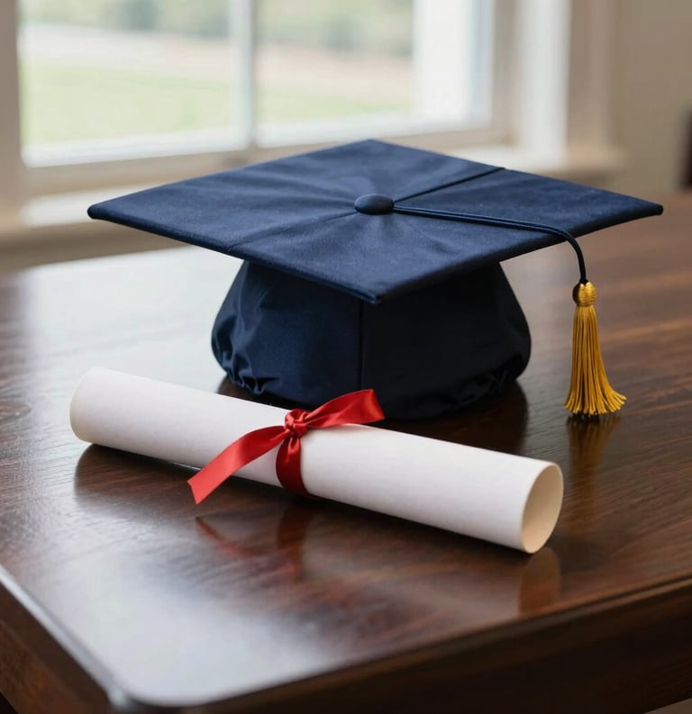 A elegant and professional photograph of a graduation diploma and cap on a dark wood table, bright natural light from a window in a North American setting, Navy and Gold accents.