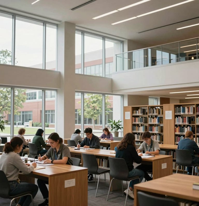 An interior shot of a contemporary North American university library or learning center, with bright windows and students studying, emphasizing access to quality education.