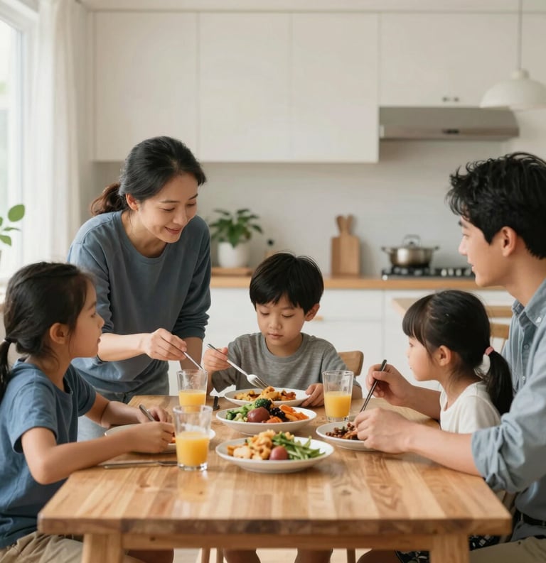 A compassionate scene of a North American family sharing a meal together in a warm, light-filled modern home, reflecting comfort and stability, Steel Blue and Off-White tones.