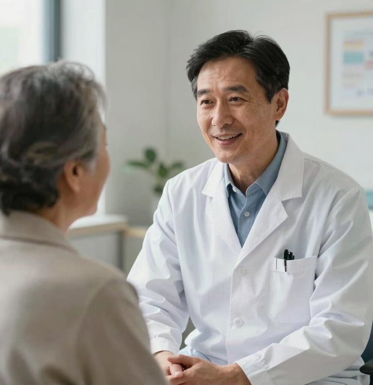 A North American healthcare professional in a white coat speaking kindly with an elderly patient in a bright, modern clinic, conveying trust and compassion, professional photography style.