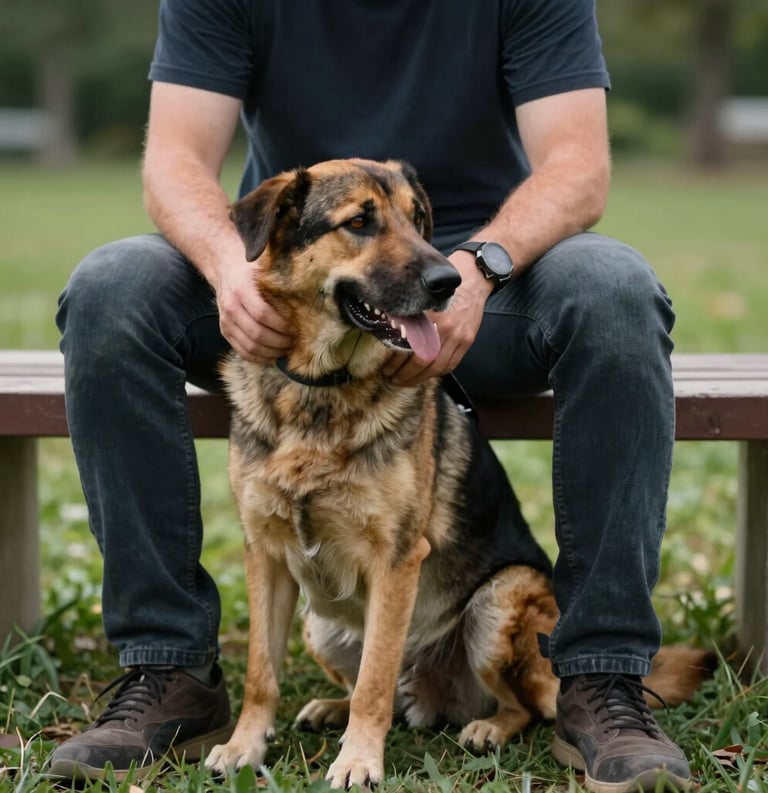 A photography shot of a handler and their service dog sitting together in a North American park, the dog's head resting on the person's lap in a moment of trust.