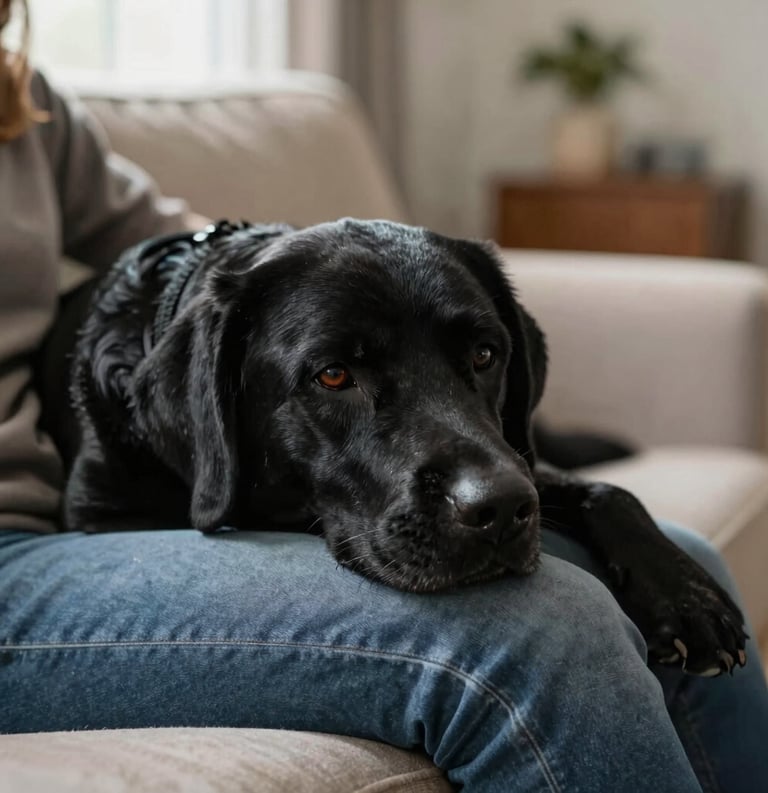 A gentle Black Labrador service dog resting its head on the lap of a person sitting in a quiet North American living room, conveying deep trust and emotional support, warm natural lighting, professional photography.