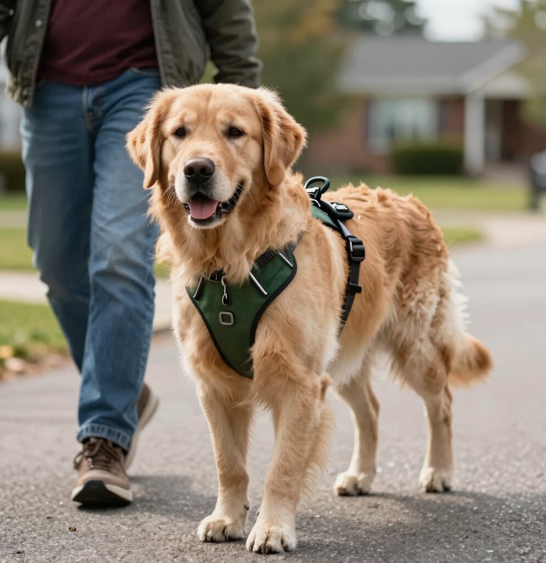 A focused Golden Retriever wearing a professional green service harness walking alongside a person in North American casual attire on a sunny residential street in Indiana, soft afternoon lighting, high quality photography.