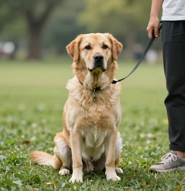 A well-trained service dog sitting patiently beside a person in a North American park setting, focusing intently on its handler, vibrant greens and soft natural tones in the background, sharp detail.
