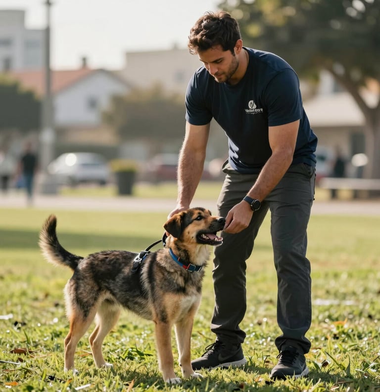 A professional trainer in a park in Valparaiso, Indiana, working with a young service dog, North American outdoor environment, bright morning light, focusing on the cooperative relationship and expert training.