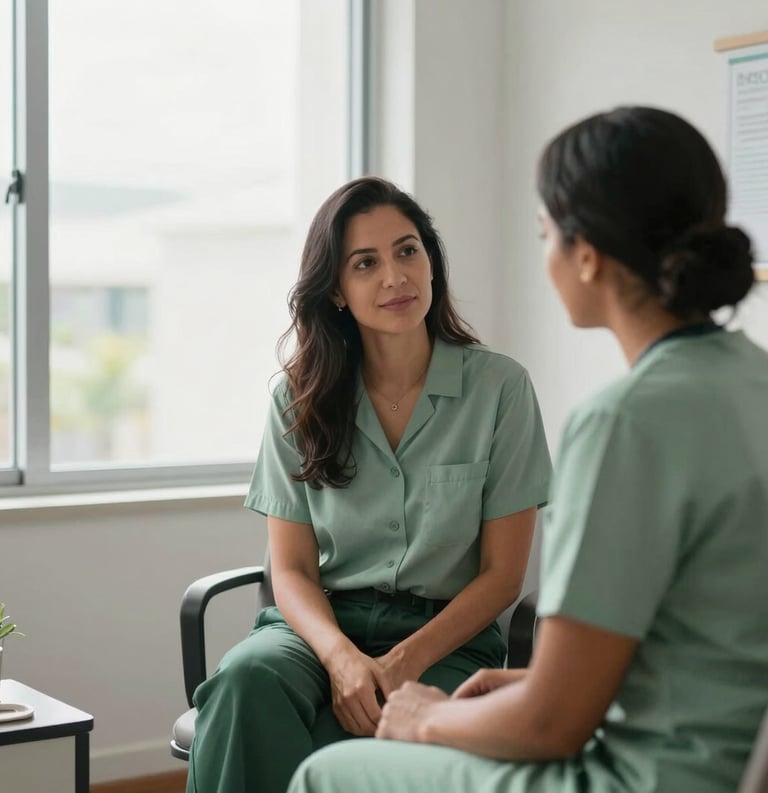 A candid and professional photograph of a Caribbean therapist in a bright, clean office with a large window, soft natural lighting, dressed in professional yet relaxed attire, conveying trust and empathy, palette including sage green and deep green.