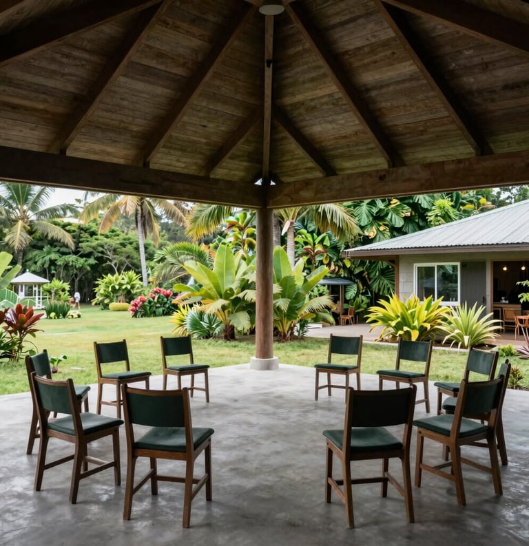 An open-air Caribbean community hall with modern wooden architecture, chairs arranged for a discussion, views of lush greenery and tropical gardens, a peaceful and welcoming atmosphere, palette of deep green and light grey.