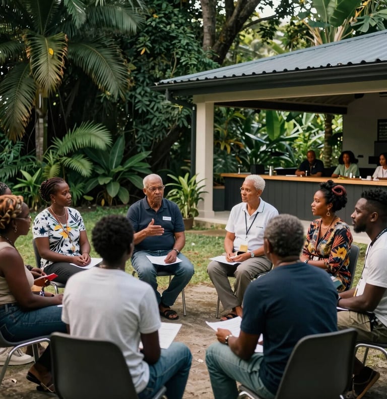 A community wellness workshop taking place in a lush, open-air pavilion in the Caribbean / Anglophone Caribbean. People are engaged in conversation, surrounded by dark green foliage and a modern, professional atmosphere.