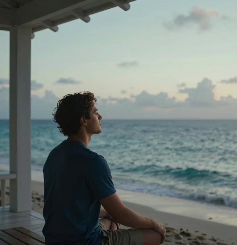 A peaceful individual sitting on a Caribbean porch overlooking the ocean at sunset, practicing gentle breathing, soft lighting, calm and empathetic mood, palette of deep blue and light grey-green.