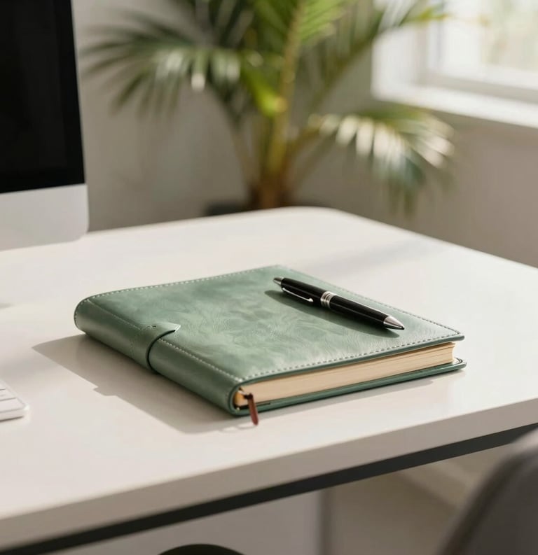 A clean, modern Caribbean office desk with a leather-bound journal and a pen, soft morning light filtered through tropical palms in the background, professional and calm atmosphere using a palette of sage green and off-white.