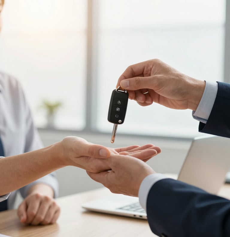 A clean, modern close-up of a person's hand receiving car keys from an insurance agent in a bright North American office setting. The lighting is warm and professional, conveying trust and reliability.