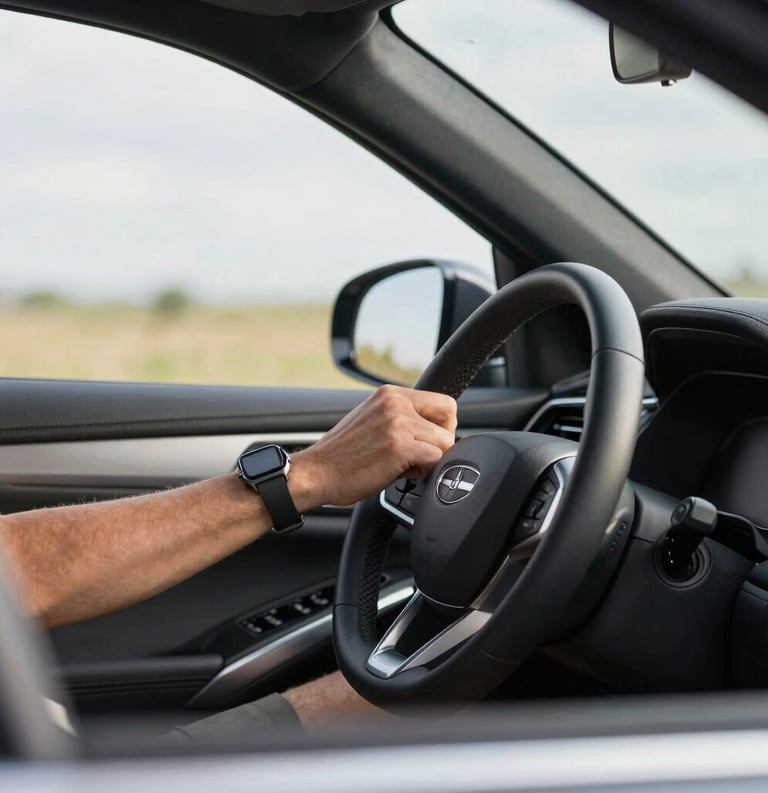 A lifestyle photograph of a North American driver safely operating a vehicle with a focus on their hands on a modern steering wheel, bright daylight.