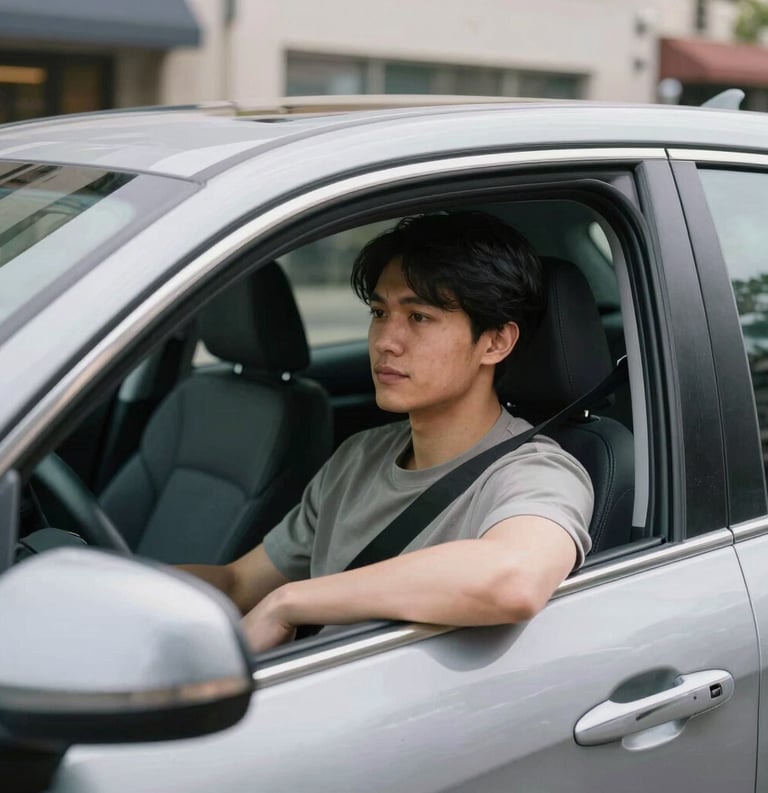 A person sitting comfortably in the driver's seat of a modern car, looking out the window with a calm and confident expression. The setting is a clean North American urban street in bright daylight.