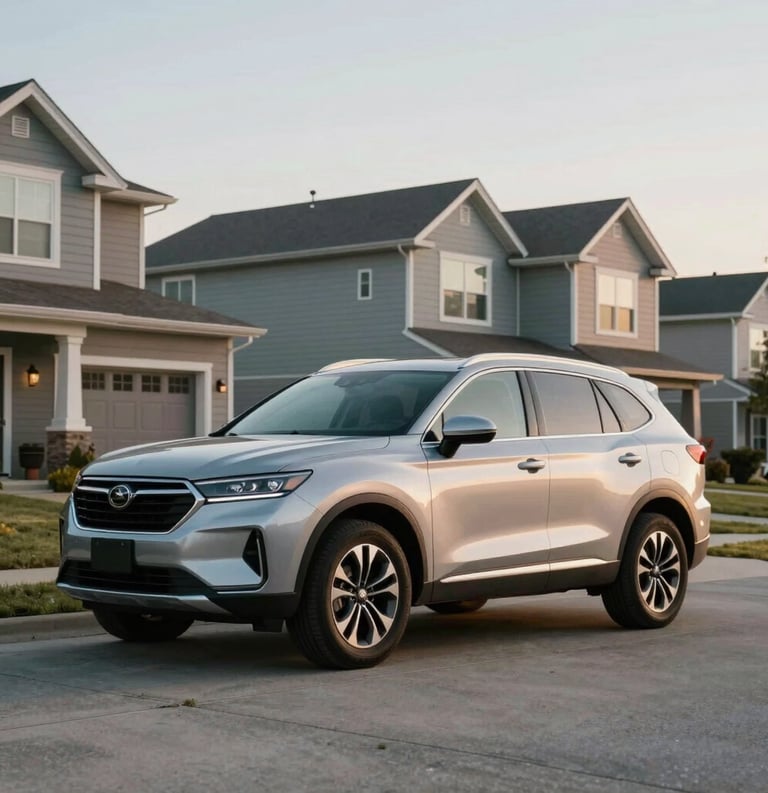 A modern family SUV parked safely in a quiet North American suburban driveway during a clear morning. The scene reflects security, safety, and a well-protected lifestyle with soft natural lighting.