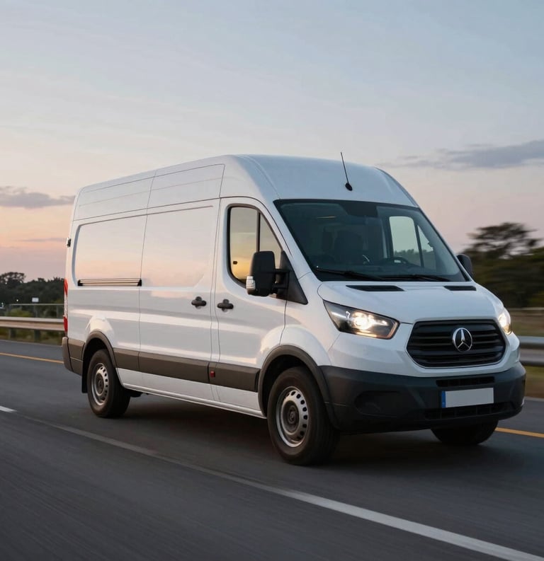 A professional white commercial van driving on a modern North American highway at dusk. The lighting is cinematic, highlighting the vehicle's movement and the reliability of commercial logistics.