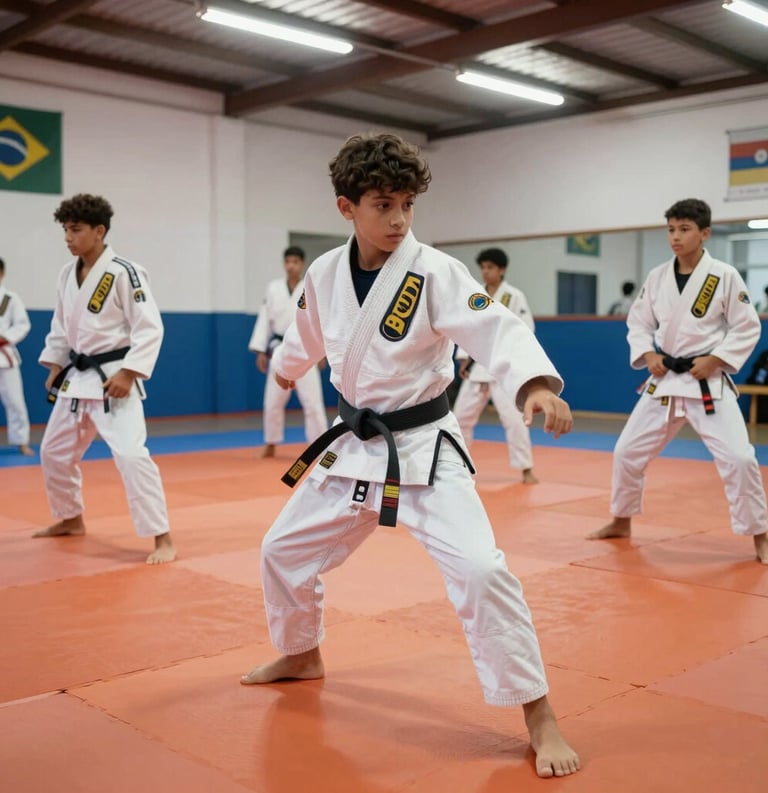 A dynamic shot of a youth martial arts project in a Brazilian community center, showing young athletes in white gis practicing jiu-jitsu on orange mats under bright, energetic lighting.