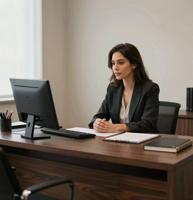 A sophisticated psychoanalyst consulting office in Brazil with a modern dark wood desk and soft professional lighting. A calm and trustworthy setting for mental health practice.