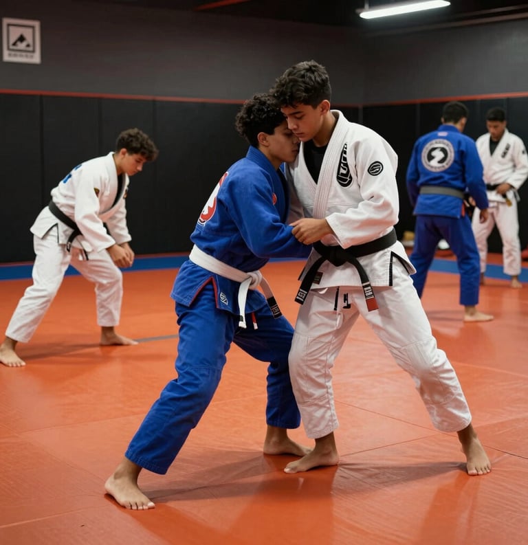 A dynamic shot of Brazilian teenagers practicing Jiu-Jitsu in a community gym, wearing white and blue gis, with vibrant orange training mats. Professional photography, high contrast lighting, modern dark aesthetic.