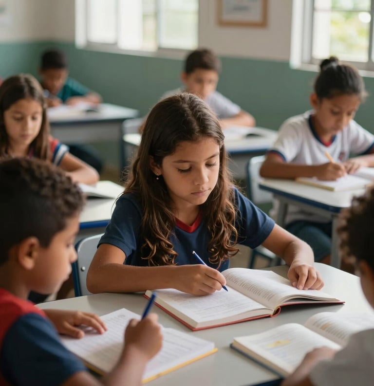 Brazilian children in a community classroom setting, focused on their books during a tutoring session. Warm natural light through windows, professional photography, soft dark background bokeh.