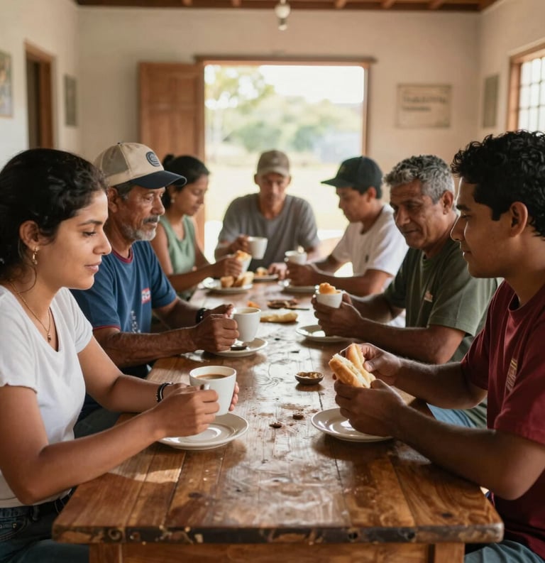 A group of Brazilian workers sharing coffee and bread at a long wooden table in a community hall. Early morning sunlight, candid photography, warm and empathetic atmosphere.