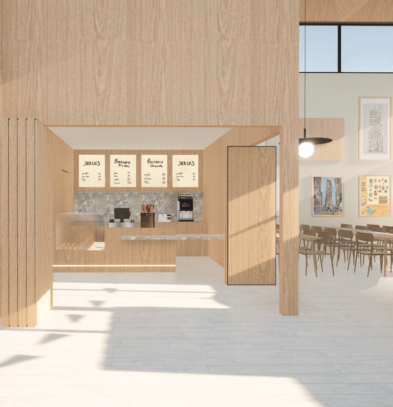 Comptoir café modulable portes sur rails aménagement centre loisirs - Maison enfance Duchère