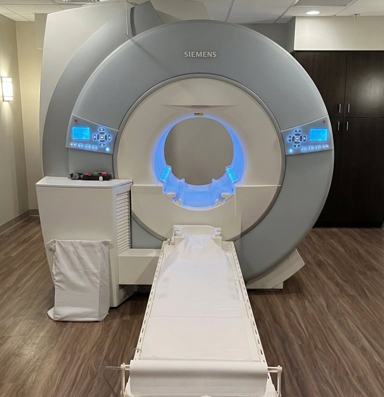 Siemens MRI machine used for brain, spine, and neurological imaging in a clinical exam room.