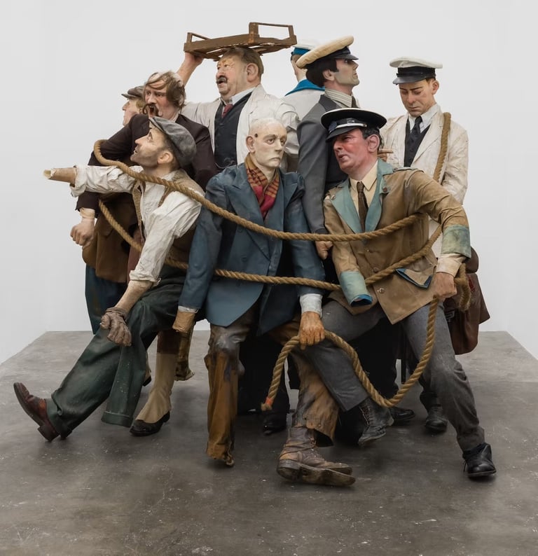 Alex Margo Arden, Accounts, 2025. Rescued museum mannequins, tug of war rope, 192 × 214 × 223 cm.  Image courtesy the artist