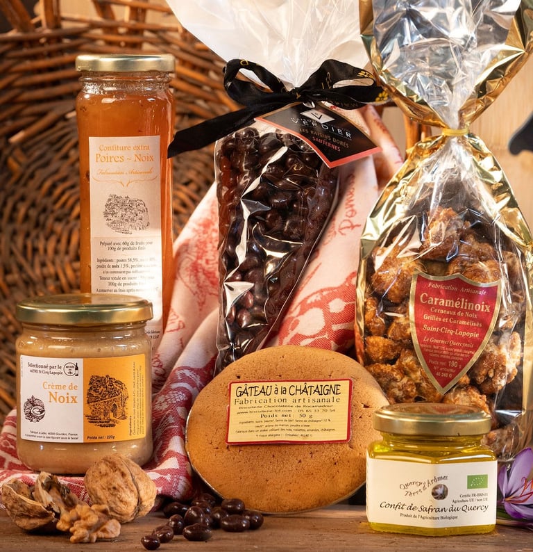 Confiture, crème de noix, raisin au chocolat, caramelinoix, confit de safran, gâteau à la châtaigne
