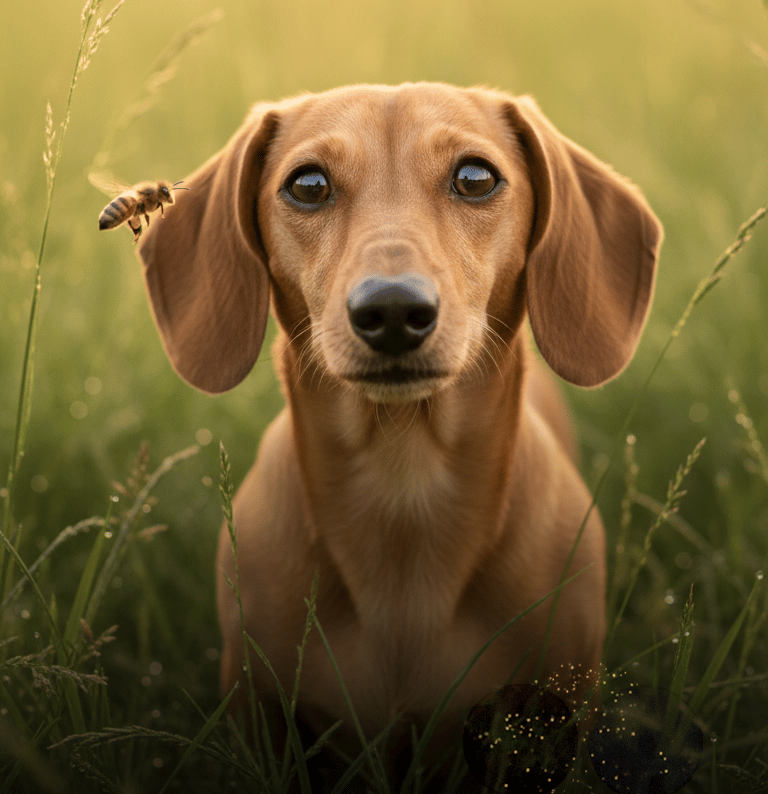 Perrita salchicha color canela observando una abeja en el campo, símbolo del ritual de las abejas en Outlander