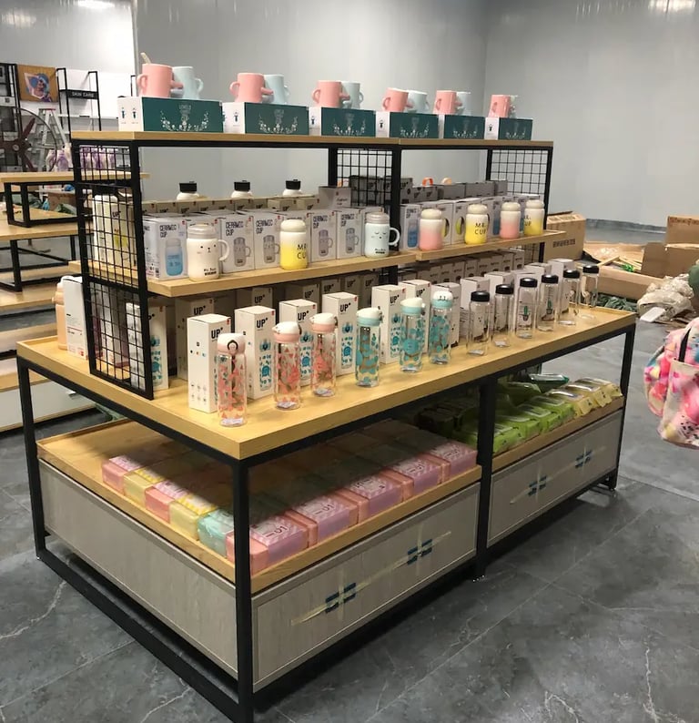 A retail display shelf featuring various ceramic mugs and glass water bottles in a modern gift shop.