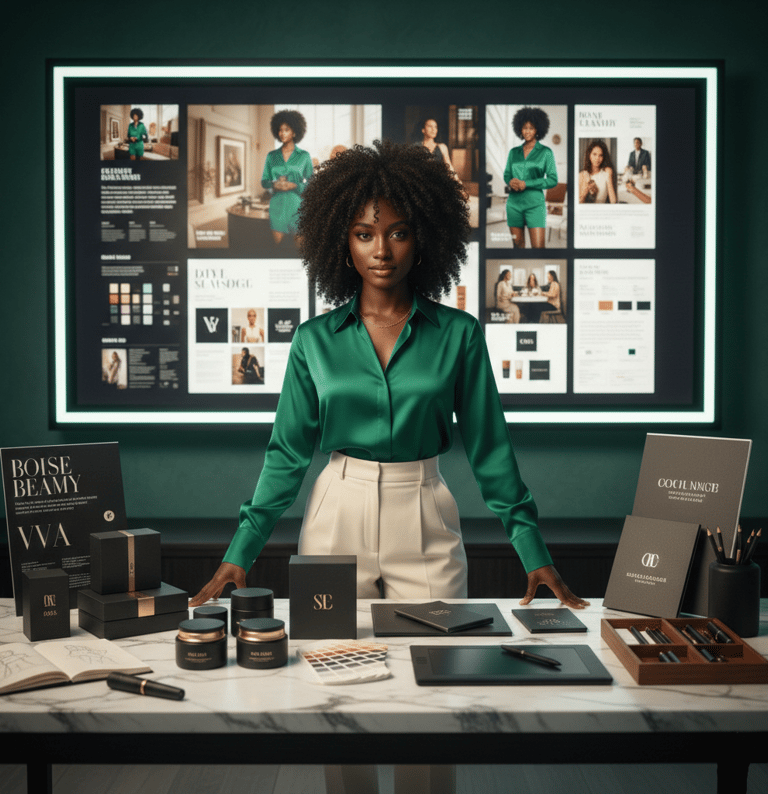 Professional fashion designer in a green silk blouse presenting luxury brand packaging and digital mood boards.