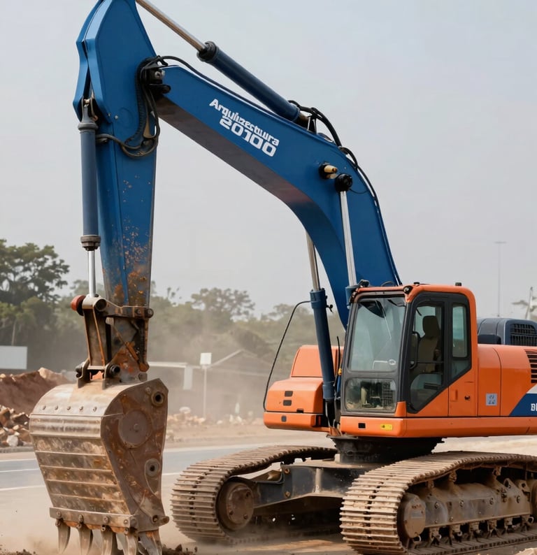 A close-up of a high-tech excavator with the 'Arquitectura 2000' aesthetic, working on a massive highway project in a Latin American / Mexican setting. The environment is dusty but the machine looks powerful and clean in Steel Blue and Safety Orange tones.