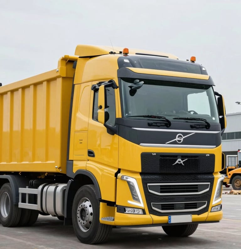 A modern heavy-duty Volvo transport truck with a yellow dumpster loaded on the back, clean professional construction site background, bright overcast daylight