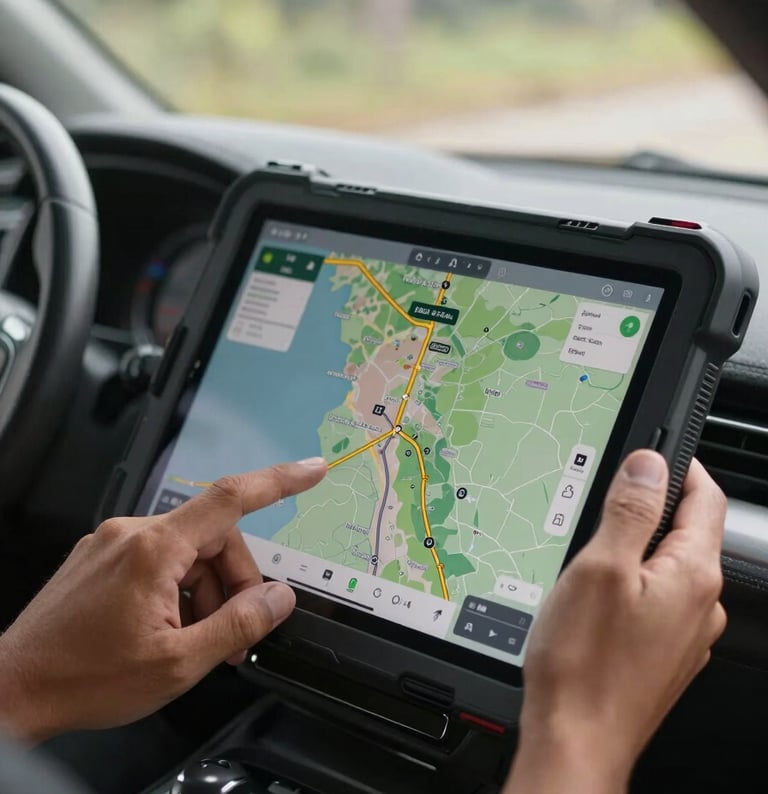 Close-up of hands operating a ruggedized tablet showing a live GPS route map with multiple waypoints across Colombian territory, data overlays visible, natural daylight through a cab window, dashboard edge in foreground, no faces visible