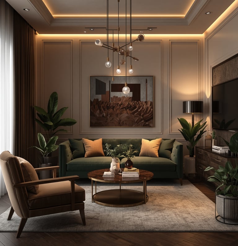 Elegant living room with mid-century modern furniture, statement chandelier, and accent plants.