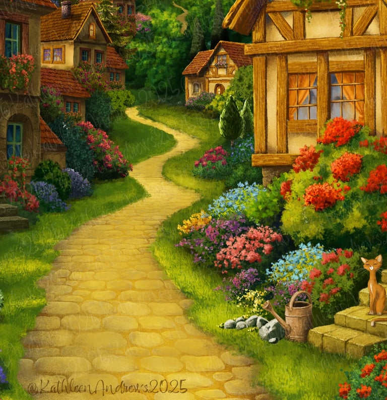 Children's book whimsical cat fairytale village sunny blooms flowers illustration artwork art