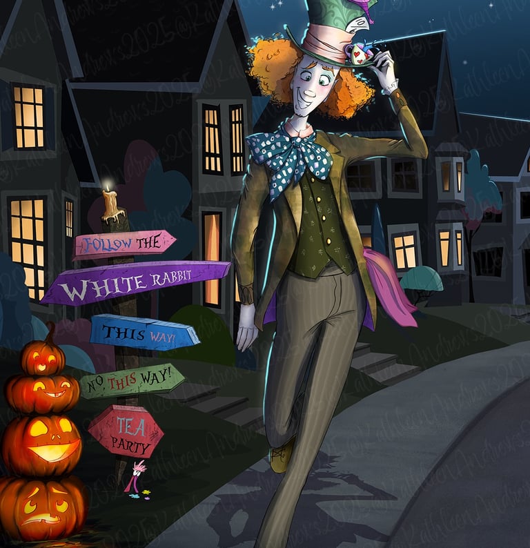 Whimsical mad hatter illustration walks through halloween glowing pumpkins cheshire cat wonderland signs mad hatter