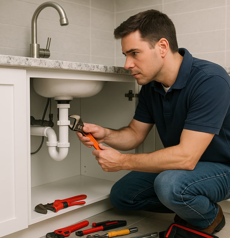 A focused plumber in a navy shirt kneels under a modern kitchen sink, tightening white PVC pipes.