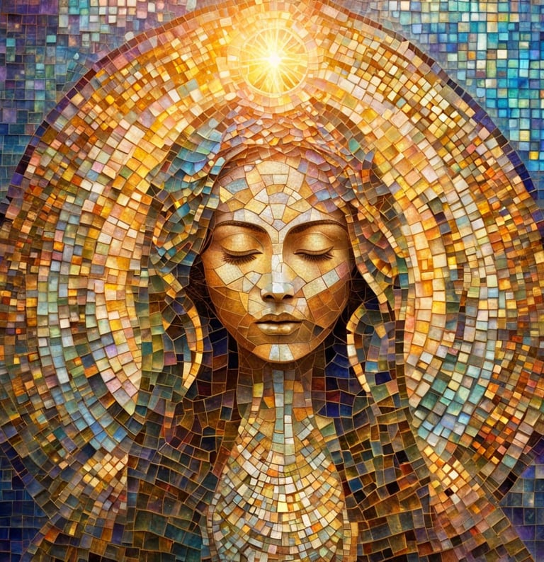 Mosaic Lady Chanelling spirit. Shades of Gold and blue