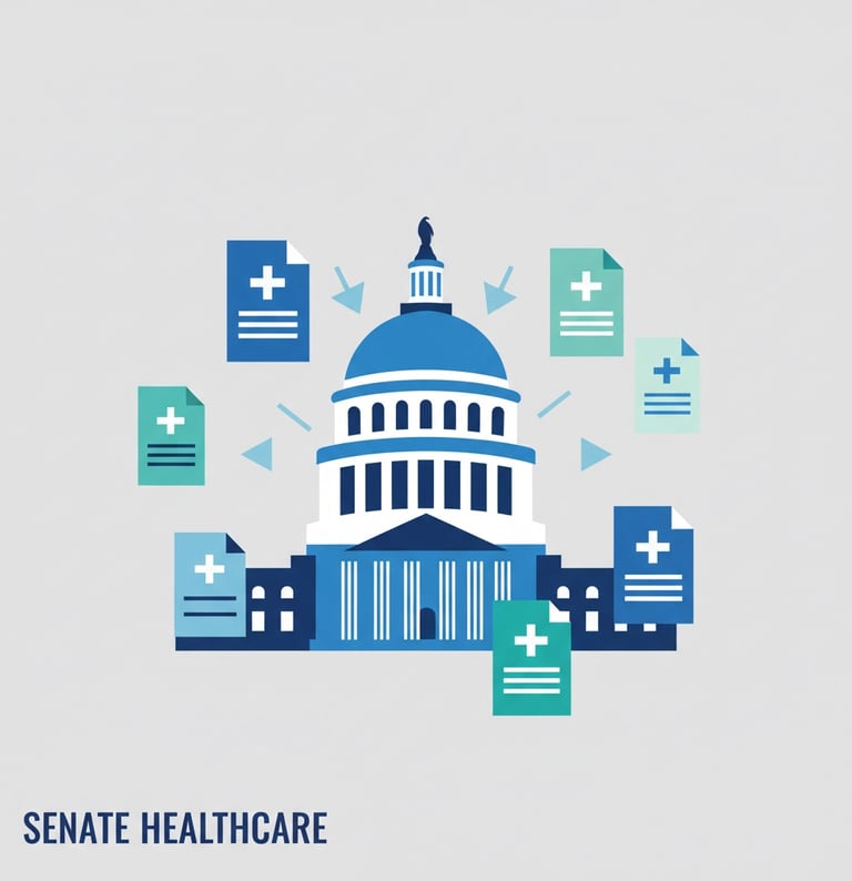 US Capitol building with healthcare policy documents and Hospital-at-Home program materials