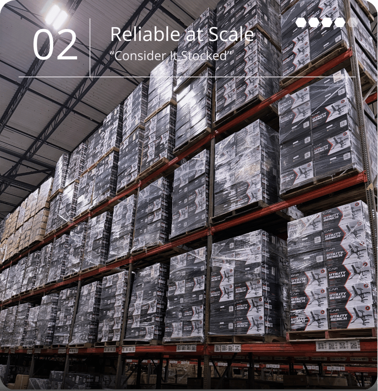 Large inventory of wholesale fitness equipment ready to ship from the Maviet Supplies warehouse.