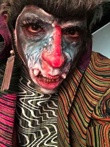 David Noir • une créature au visage coloré comme celui d'un mandrill portant des vêtements arty