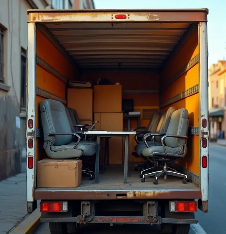 Canadas most wanted movers moving truck packed with a desk and chairs from a commercial office move