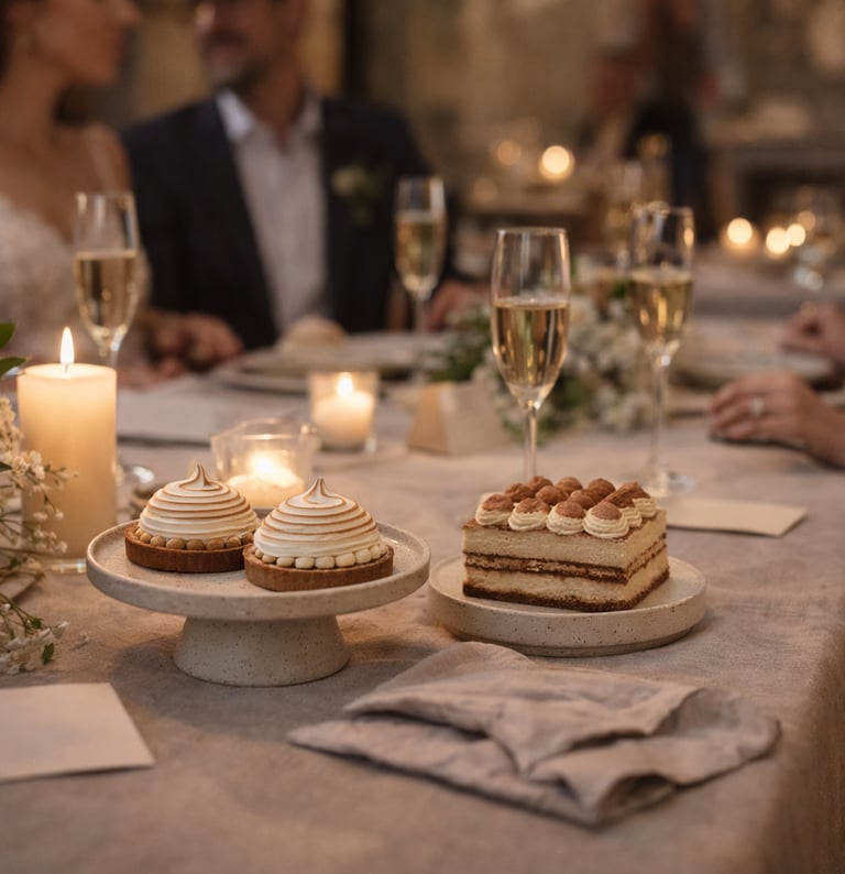 Mesa de celebração com sobremesas Lumi e convidados ao fundo