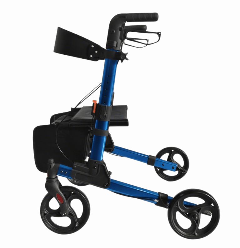 Compact blue foldable walker with four wheels and seat