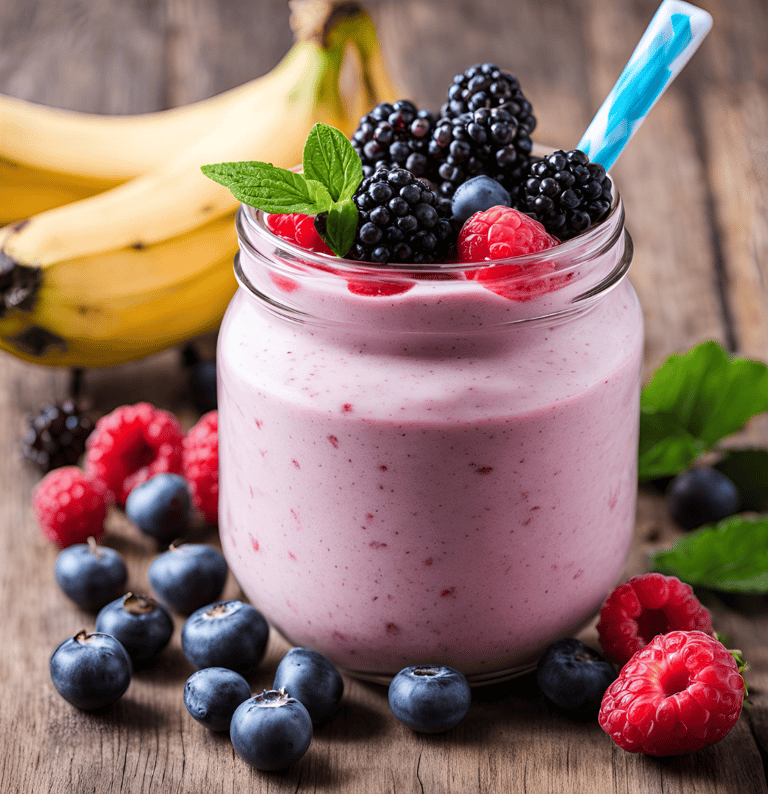 a smoothie with banana and berries in a jar