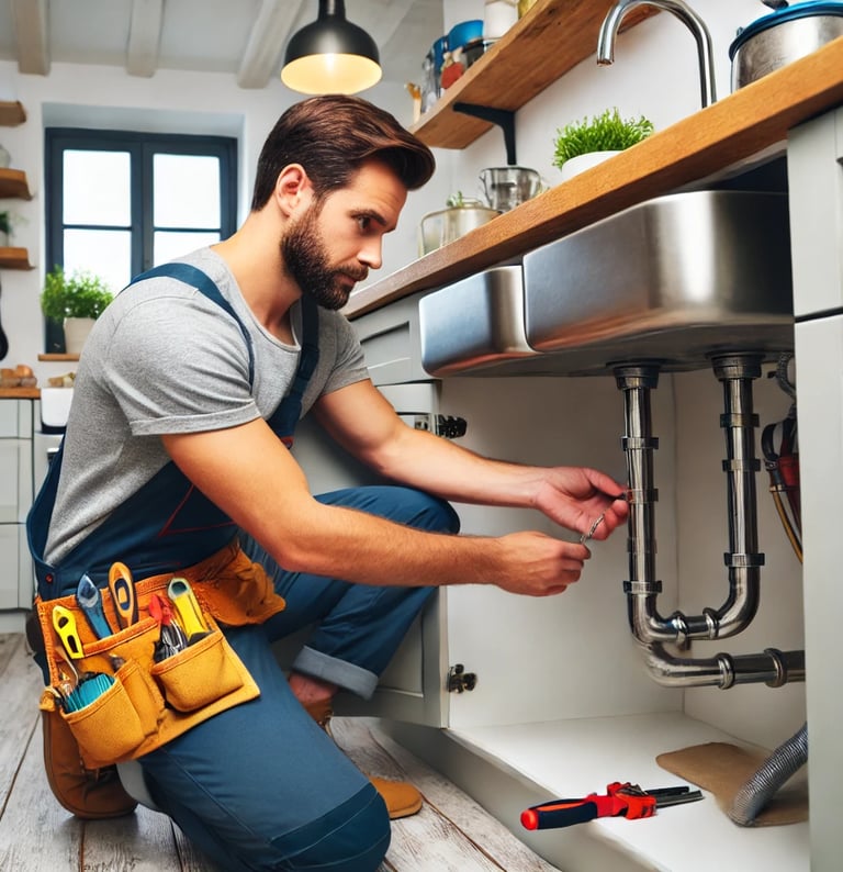 A professional handyman in London fixing plumbing under a sink in a modern kitchen.