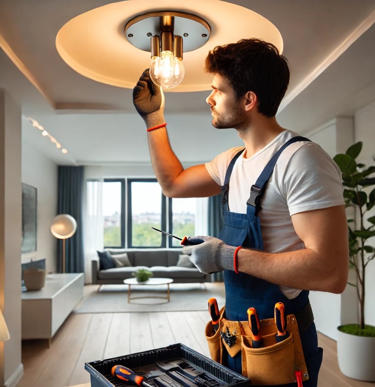 A handyman in London installing a new light fixture in a modern living room, using a screwdriver whi